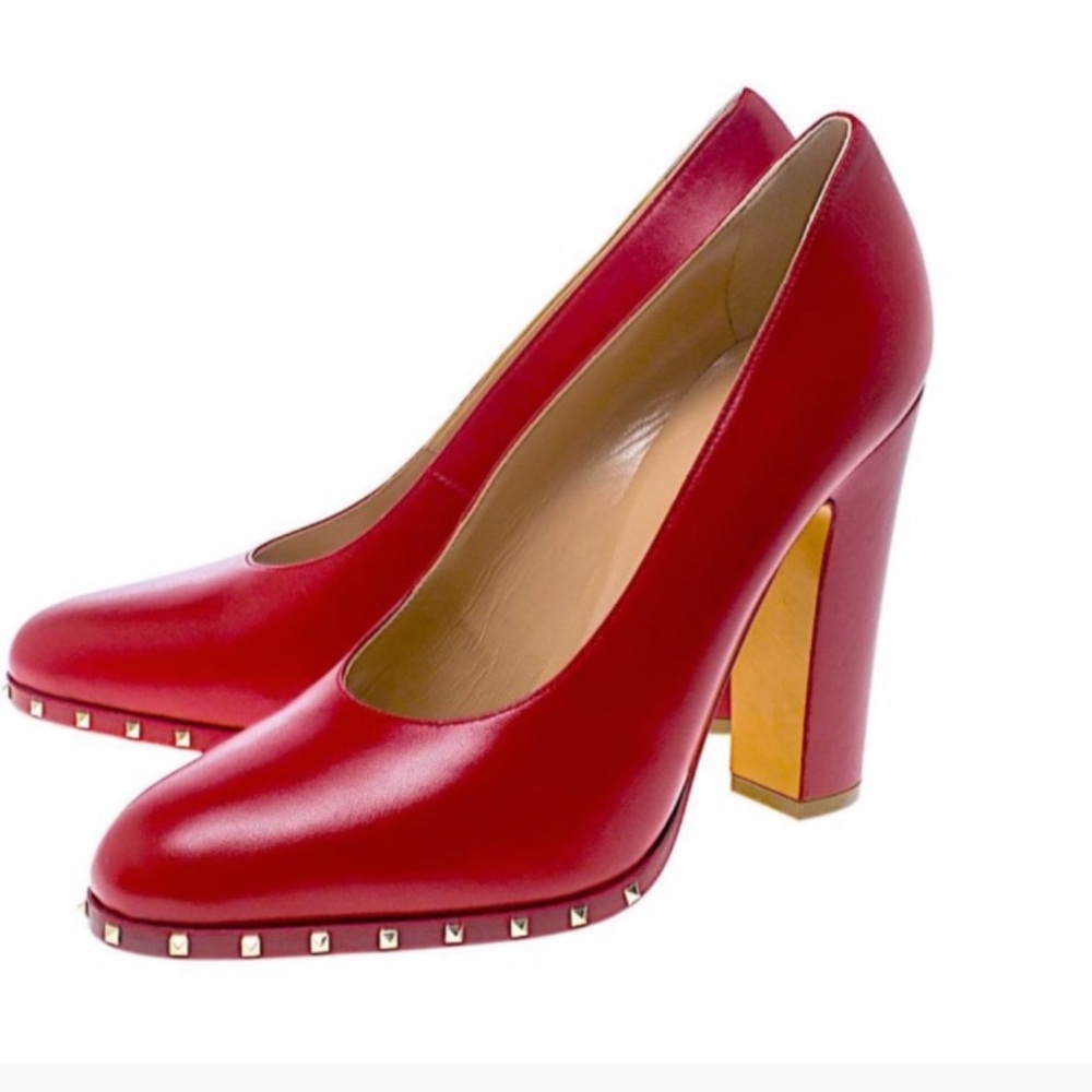 Valentino Red Leather Studded block Heels 👠 NWOT